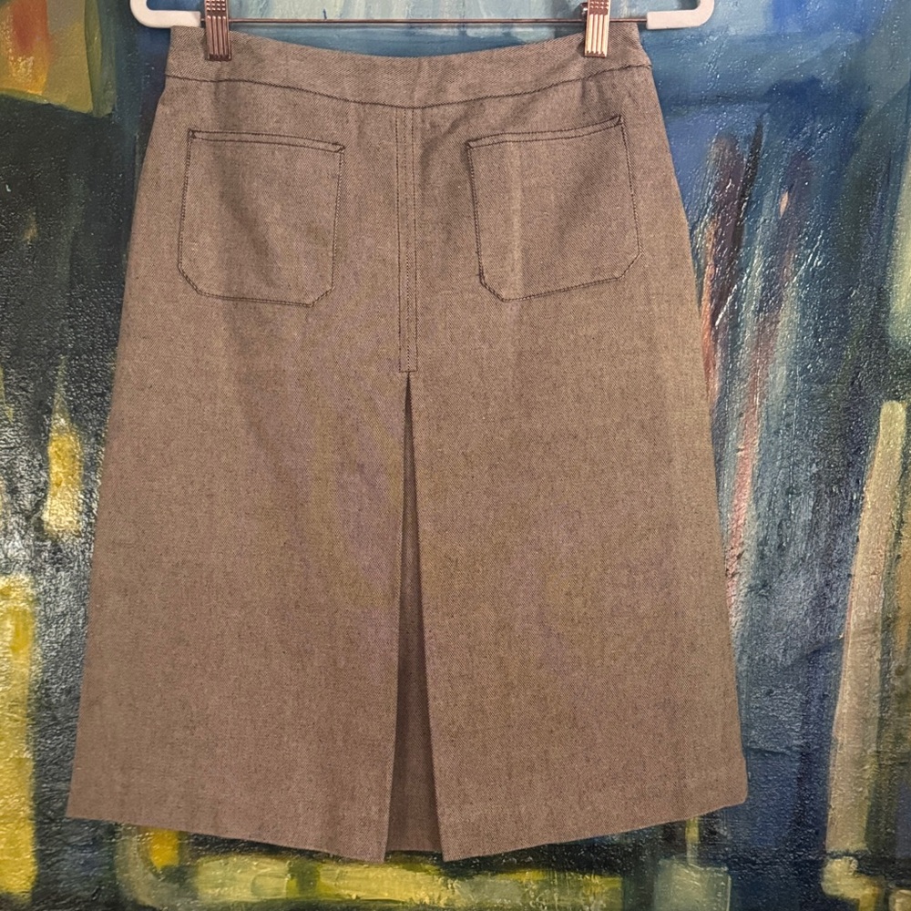 J crew brown textured skirt front patch pockets Frnt/bck center kick pleats s2